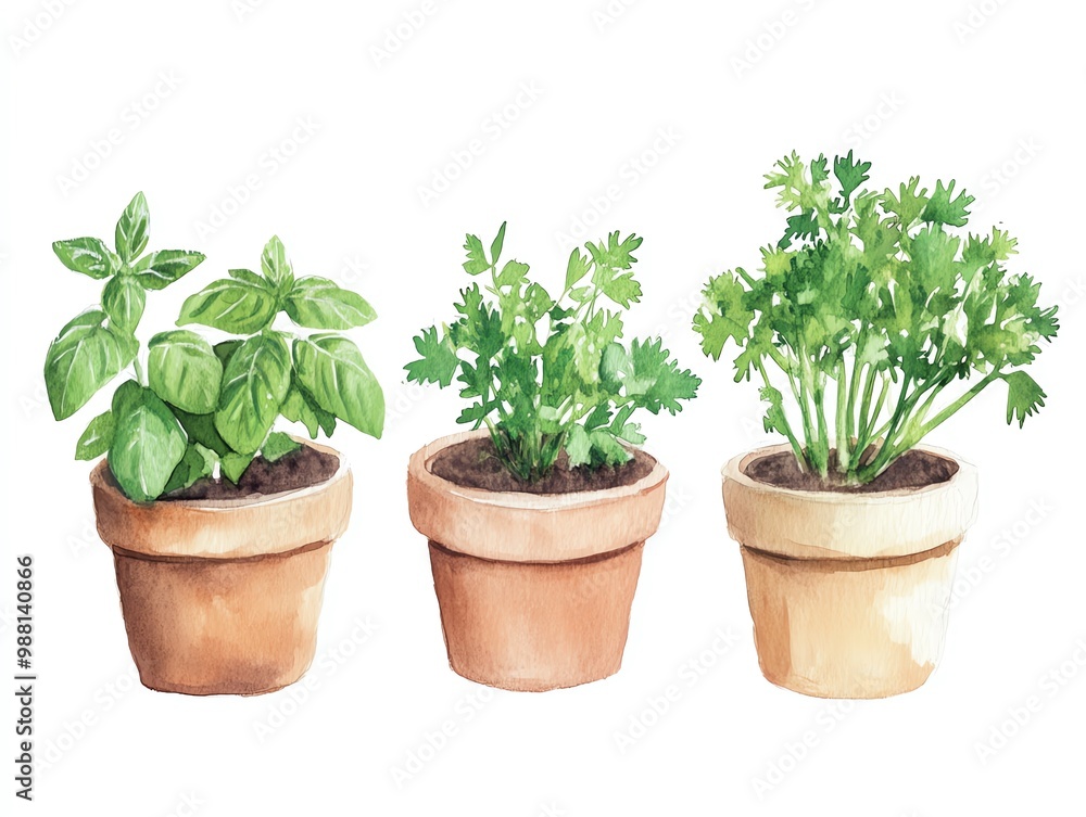 Watercolor Herb Pots Potted basil, parsley, and cilantro Watercolor Herb Pots Potted basil, parsley, and cilantro