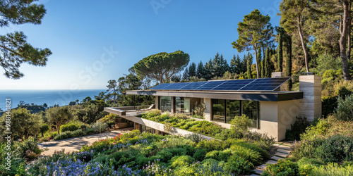 Modern Split-Level Homes with Solar Panels. Eco-Friendly Architecture in California and Arizona, Showcasing Sustainable Living Amidst Stunning Landscapes and Sunlit Environments.