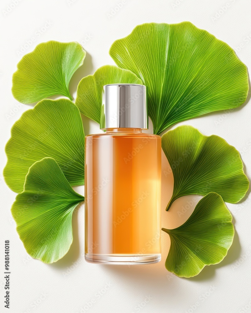 A beautifully arranged perfume bottle surrounded by fresh green leaves. A beautifully arranged perfume bottle surrounded by fresh green leaves.