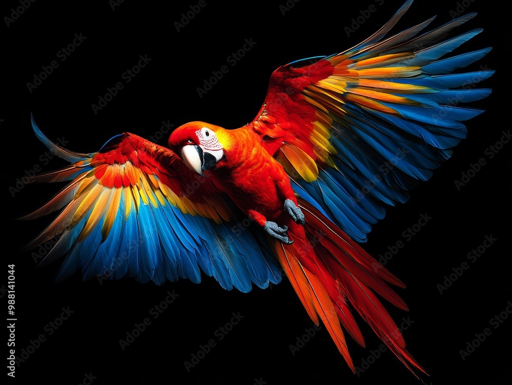 Fototapeta premium Scarlet macaw parrot in flight isolated transparent background