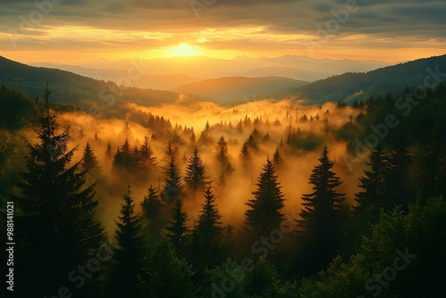 High Angle View of a Jungle Bathed in Golden Sunlight Behind the Mountains. photo