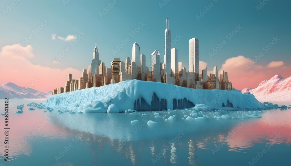 Fototapeta premium A melting glacier with a business city skyline in the background. Visualizing climate change.