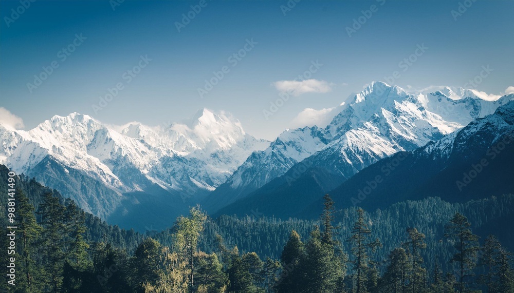 Snow-capped peaks in a remote mountain range, surrounded by untouched wilderness Snow-capped peaks in a remote mountain range, surrounded by untouched wilderness