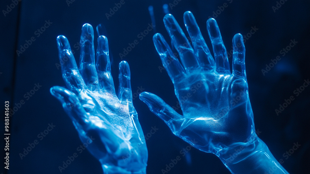 A futuristic robotic hand reaching out against a dark blue background with a sleek design A futuristic robotic hand reaching out against a dark blue background with a sleek design