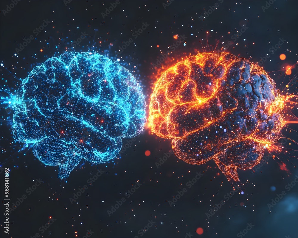 Futuristic design of two human brains connected by bright synapses, representing intellectual synchronization and deep neural communication Futuristic design of two human brains connected by bright synapses, representing intellectual synchronization and deep neural communication