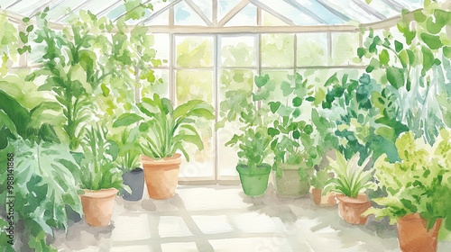 Wallpaper Mural Watercolor Greenhouse Glasshouse filled with plants Torontodigital.ca