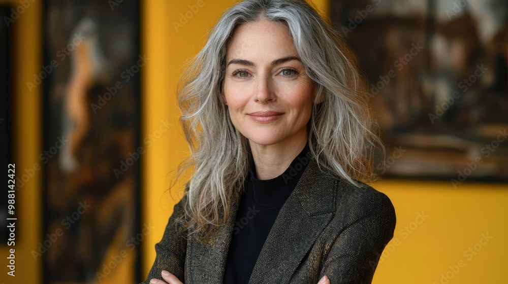 Portrait of a Confident Middle Aged Woman with Gray Hair in a Gold Jacket Portrait of a Confident Middle Aged Woman with Gray Hair in a Gold Jacket