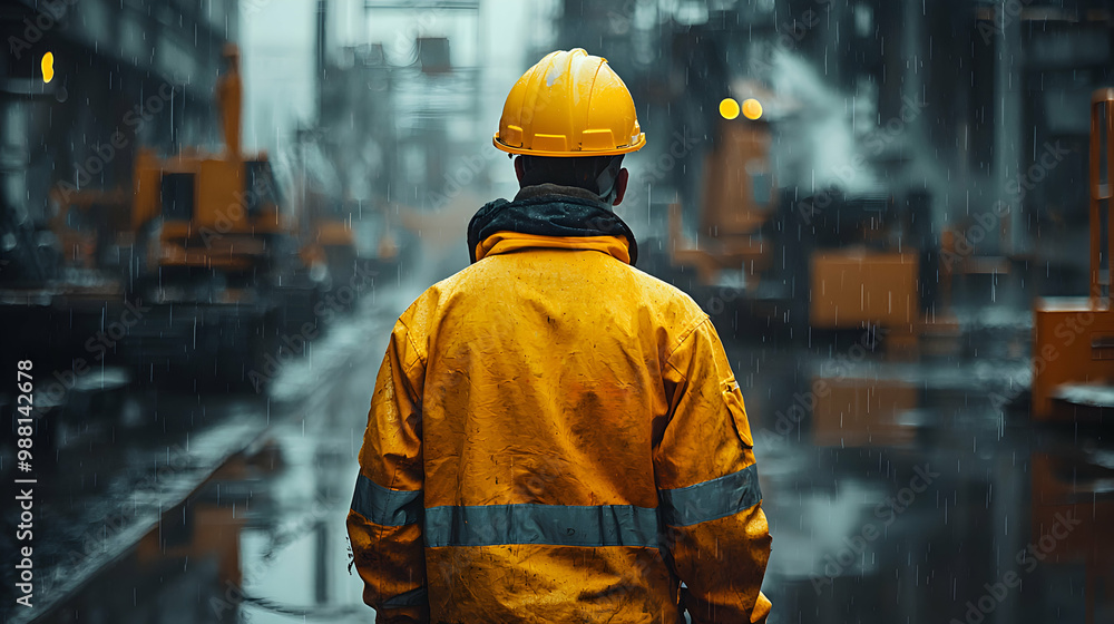 A black and white construction site, with one worker’s bright yellow hard hat illuminated against the muted background of machinery and dust A black and white construction site, with one worker’s bright yellow hard hat illuminated against the muted background of machinery and dust