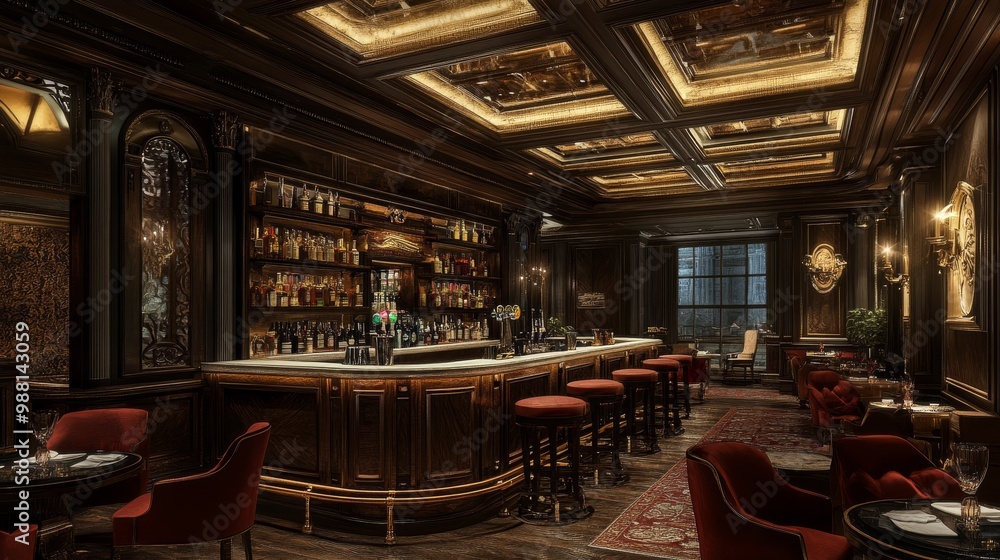 Fototapeta premium A luxurious, dimly lit bar featuring an ornate wooden counter, plush red seating, and an elegant atmosphere.