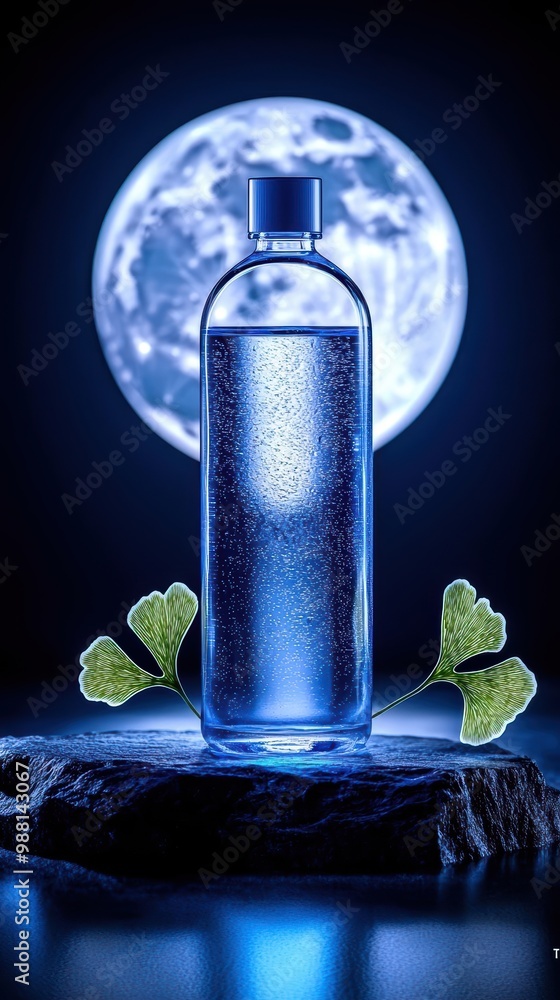 Glowing water bottle with moon background and green leaves, ethereal atmosphere. Glowing water bottle with moon background and green leaves, ethereal atmosphere.