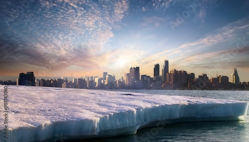 A melting glacier with a business city skyline in the background. Visualizing climate change.