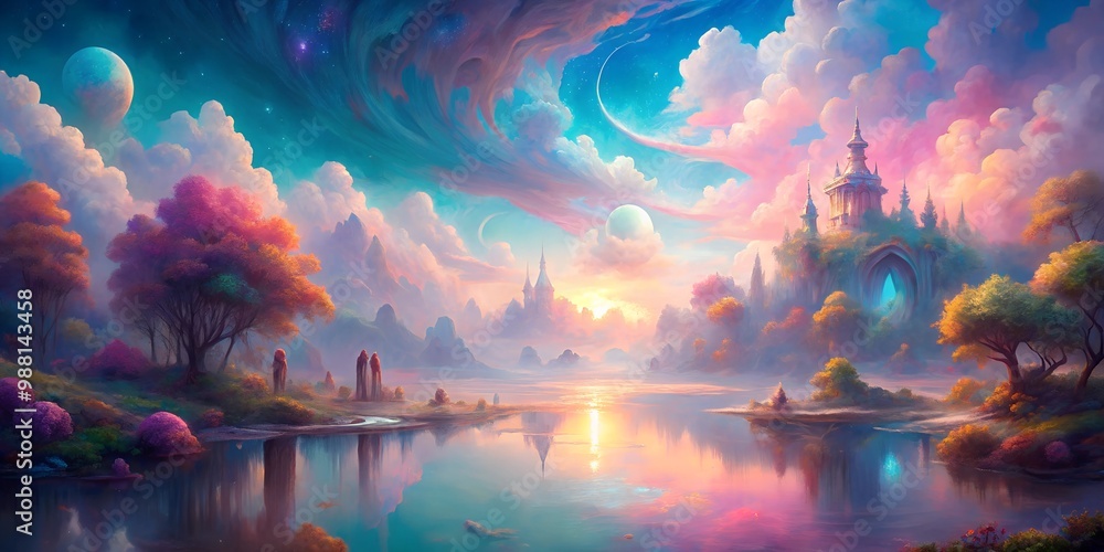 Obraz premium Mystic fantasy landscape with a castle and a lake