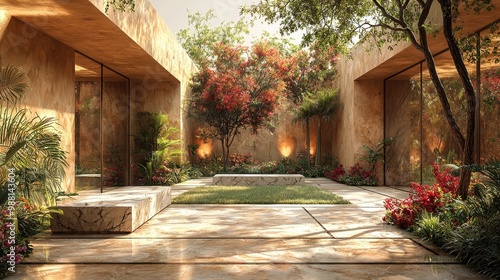 Modern Patio with Lush Greenery and Stone Flooring