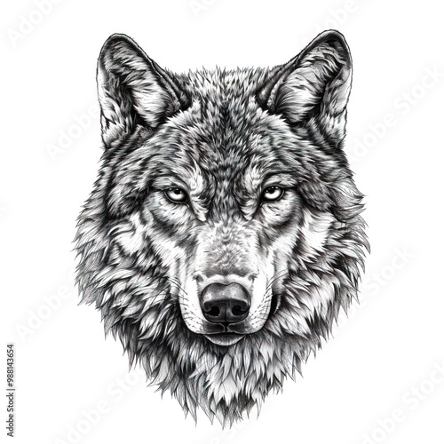 A detailed, black and white illustration of a wolf's head, capturing intense eyes and intricate fur textures, perfect for wildlife and nature-related designs.