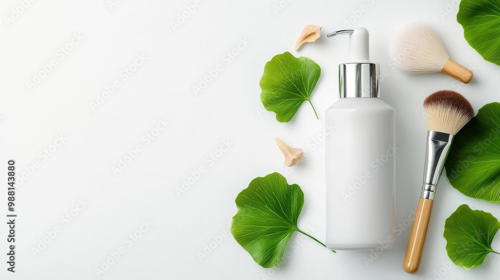 Skincare bottle with brushes and leaves on a white background. Skincare bottle with brushes and leaves on a white background.