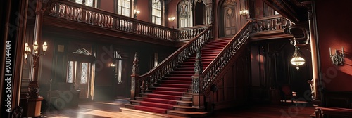 interior of an old mansion, a grand staircase with carved wooden railings and red wood steps