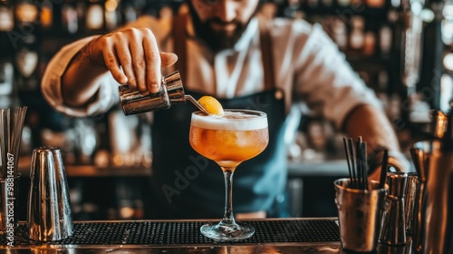 A bartender skillfully prepares a cocktail, showcasing mixology in a vibrant bar setting, illuminated by soft lighting and filled with bar tools. photo