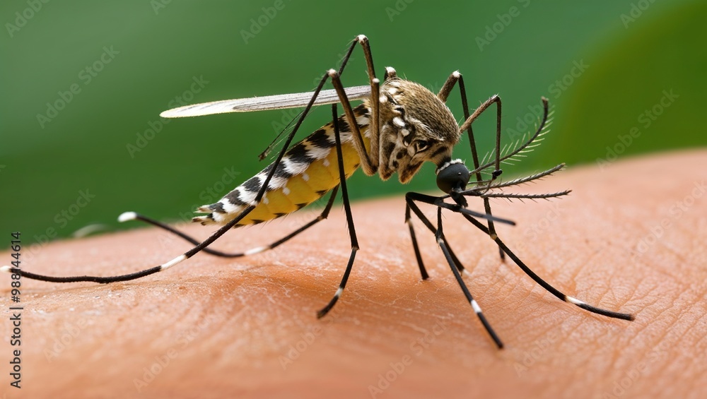 Aedes aegypti mosquito bites human skin. Aedes aegypti mosquito bites human skin.