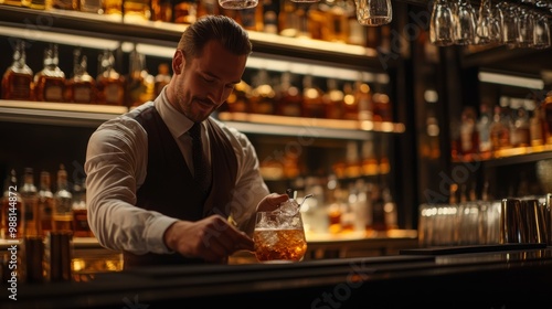 A bartender meticulously prepares a drink in a warmly lit bar, surrounded by shelves of whiskey bottles.