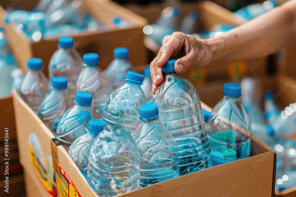 Hand holding plastic bottle put in a box recycling to assortment management for sustainable environment Hand holding plastic bottle put in a box recycling to assortment management for sustainable environment