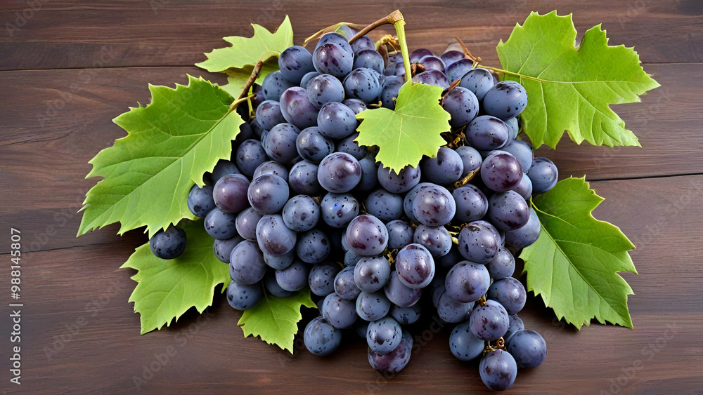 Blue grape cluster with leaves Single cluster of blue grapes with green leaves, water droplets, solid , Blue grape cluster with leaves Single cluster of blue grapes with green leaves, water droplets, solid ,