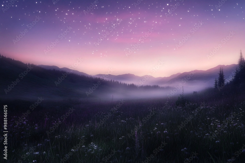 Misty Mountain Landscape with Starry Sky Misty Mountain Landscape with Starry Sky