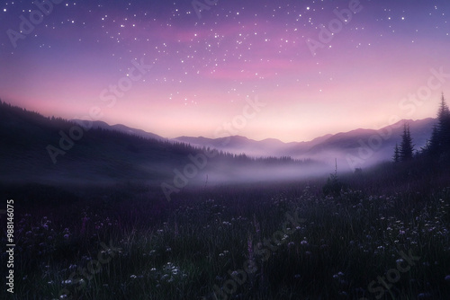 Misty Mountain Landscape with Starry Sky