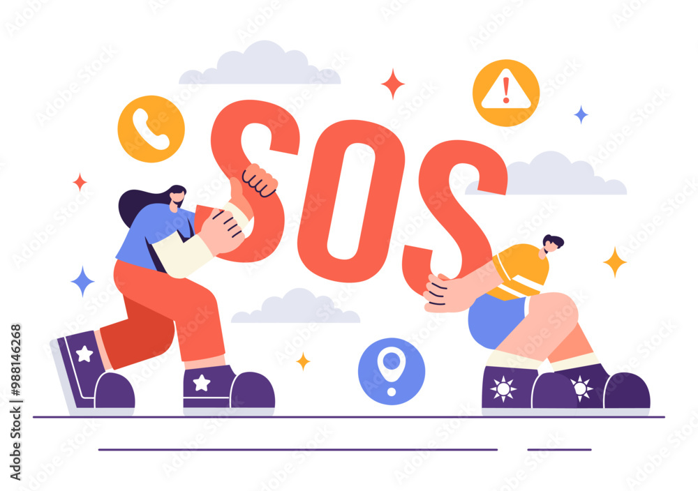 Obraz premium SOS Message Illustration featuring People in Need of Emergency Assistance in Various Situations like Being Lost, Drowning, Stranded on an Island