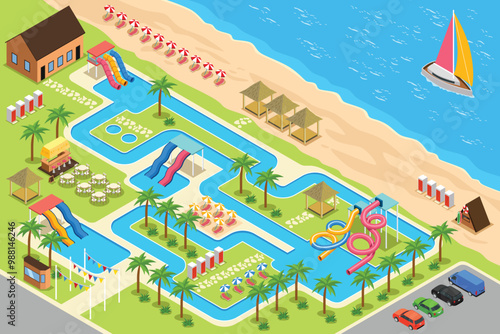 Isometric Waterpark Resort Map Vector Illustration
