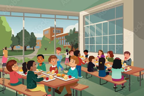 School Children Eating Lunch at School Cafeteria Vector Illustration