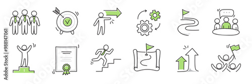 Doodle career icon set. Success winner, business goal, challenge hand drawn sketch line pen stroke style icon. Professional business career, goal sketch doodle drawn collection. Vector illustration