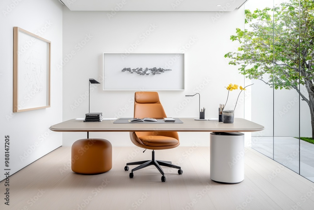 A home office with a sleek desk, a modern chair, and minimalistic decor on the walls A home office with a sleek desk, a modern chair, and minimalistic decor on the walls