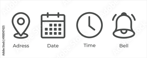 Place, Time, Date and Notification line icons. Calendar, address location pointer and alarm bell. Notice alert, business schedule and office time clock. Location place, date reminder. Vector