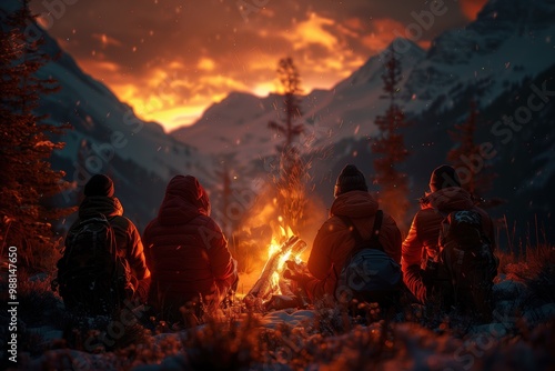 Cozy Winter Campfire Gathering Amidst Breathtaking Mountains at Sunset