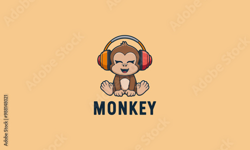 Cute monkey listening to music with headphones.