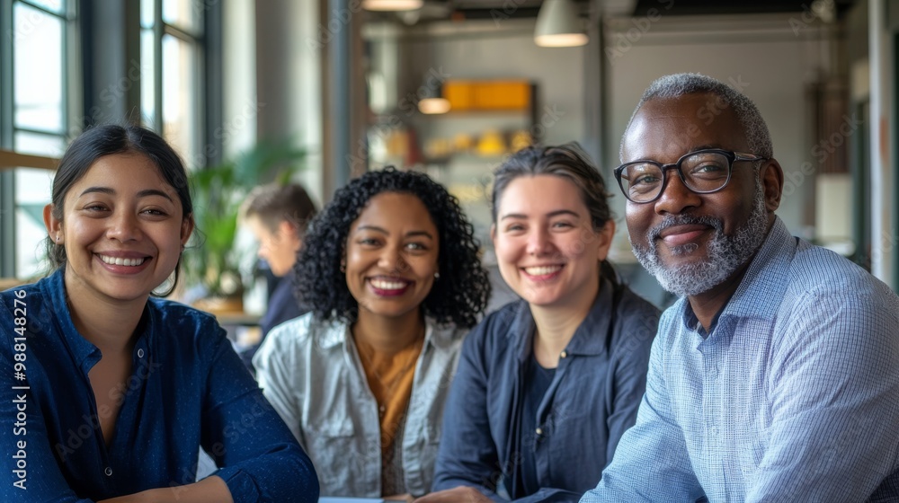 Obraz premium A diverse group of four professionals smiles together in a bright, modern workspace, showcasing collaboration and camaraderie.