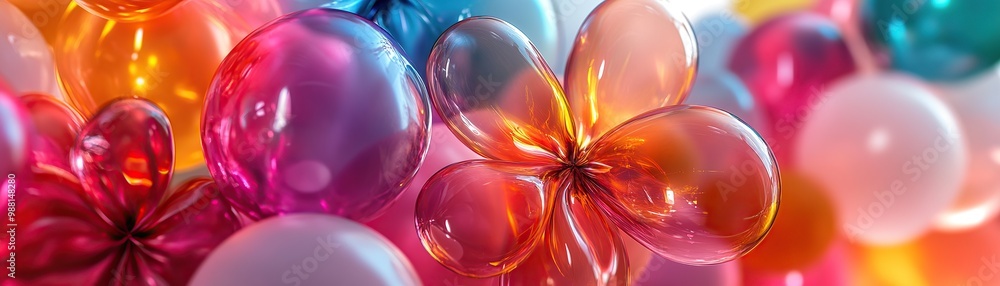 Obraz premium colorful abstract balloons in the shape of flowers, all glassy and shiny, close-up, bright colors