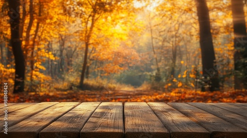 Fototapeta Naklejka Na Ścianę i Meble -  Wooden table top with autumn forest. Beautiful fall background