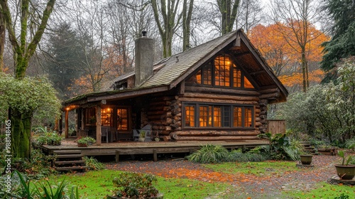 Cozy Log Cabin in Autumn Forest with Warm Lights and a Deck