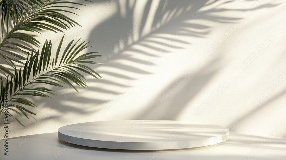 Smooth round white podium in sunlight tropical palm leaves. Minimalist Display with Shadows and Greenery. A circular pedestal rests on a light surface, surrounded by soft shadows and green palm leaves Smooth round white podium in sunlight tropical palm leaves. Minimalist Display with Shadows and Greenery. A circular pedestal rests on a light surface, surrounded by soft shadows and green palm leaves