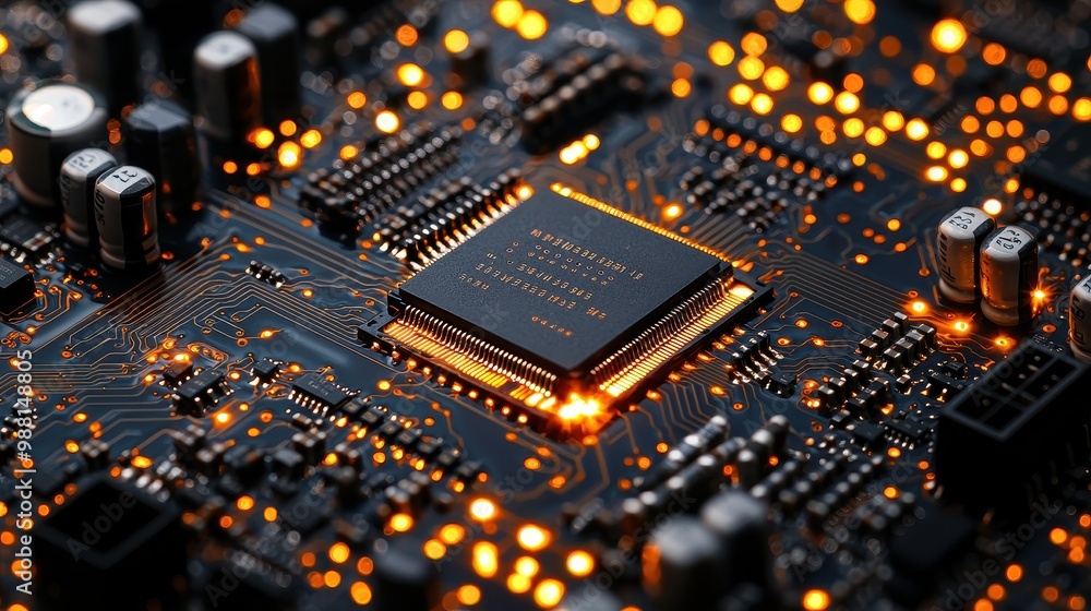 Close up of glowing computer chip on circuit board with orange lights Close up of glowing computer chip on circuit board with orange lights