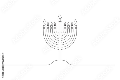 Simple hand-drawn continuous line art drawing of Hanukkah menorah. Vector illustration.