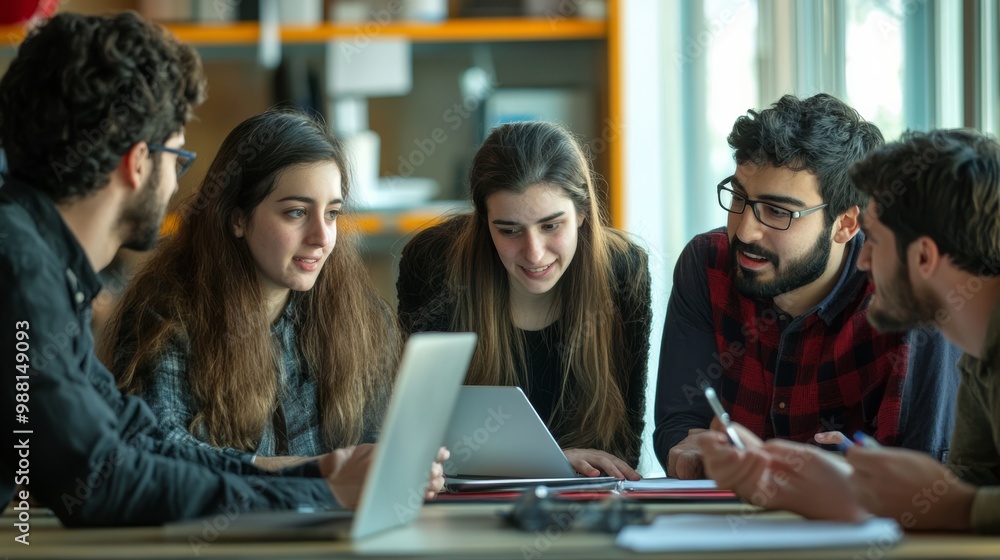 A group of young adults collaborates around a laptop, engaged in discussion and brainstorming in a bright, modern space. A group of young adults collaborates around a laptop, engaged in discussion and brainstorming in a bright, modern space.