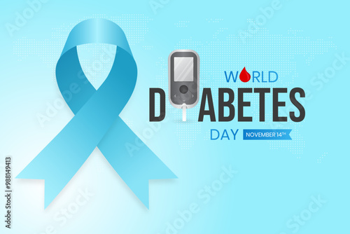 Blue ribbon with glucose meter illustration for World Diabetes Day November 14th