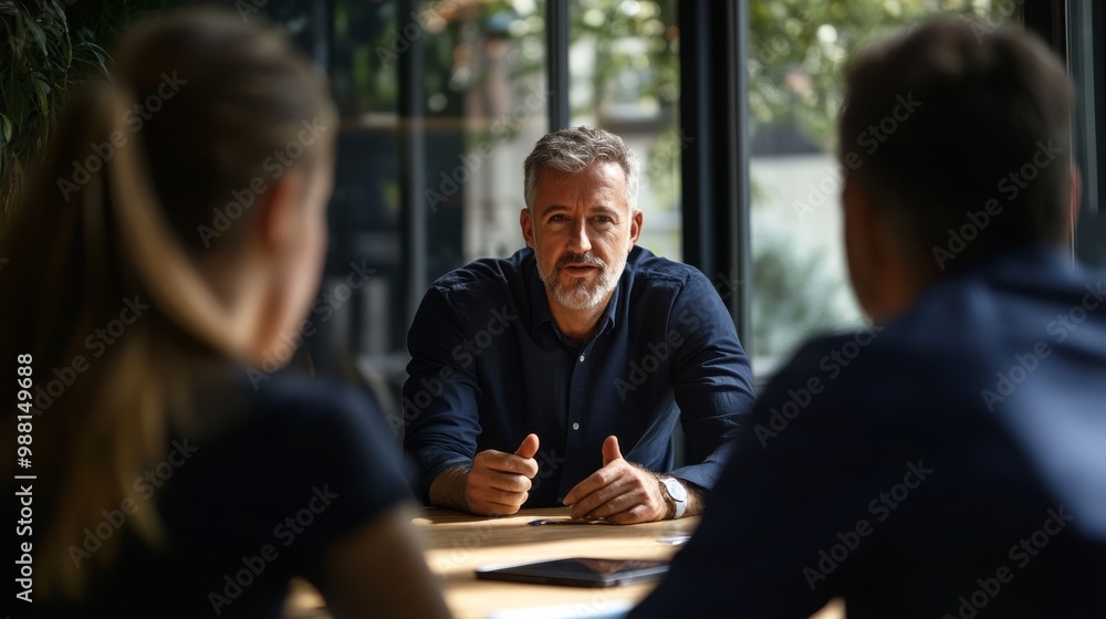 A focused business meeting with three professionals discussing ideas, emphasizing communication and collaboration in a modern workspace. A focused business meeting with three professionals discussing ideas, emphasizing communication and collaboration in a modern workspace.