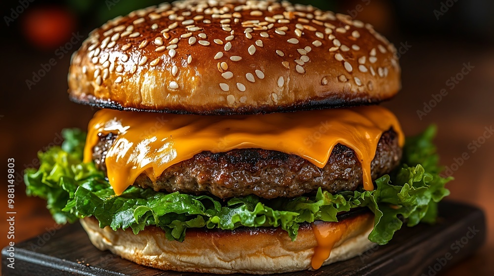 Ultra-detailed shot of a burger with juicy grilled patty, melting cheddar cheese, crunchy lettuce, and a sesame seed bun, sauce dripping down the sides. Ultra-detailed shot of a burger with juicy grilled patty, melting cheddar cheese, crunchy lettuce, and a sesame seed bun, sauce dripping down the sides.