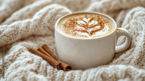 White cup of coffee with cinnamon sticks on knitted blanket. Cozy and warm vibes perfect for autumn and winter concepts. Generative AI