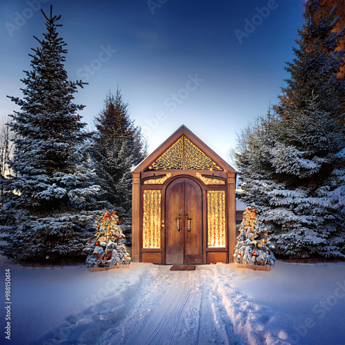 Enchanting Winter Chapel in Snowy Forest photo