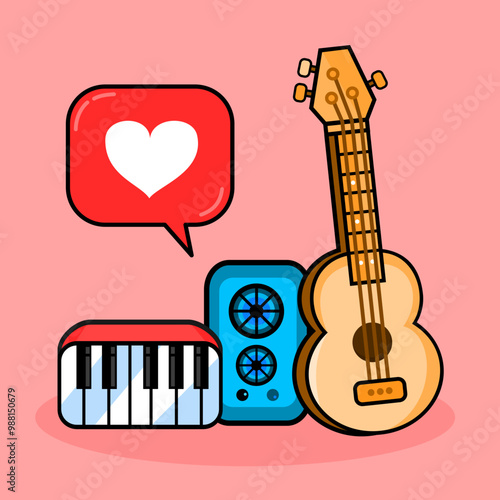 Music and love cartoon illustration. Musical instrument. Suitable for entertainment equipment content