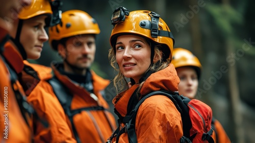 A team of rescue workers in orange gear and helmets prepare for a mission in a lush, green forest.